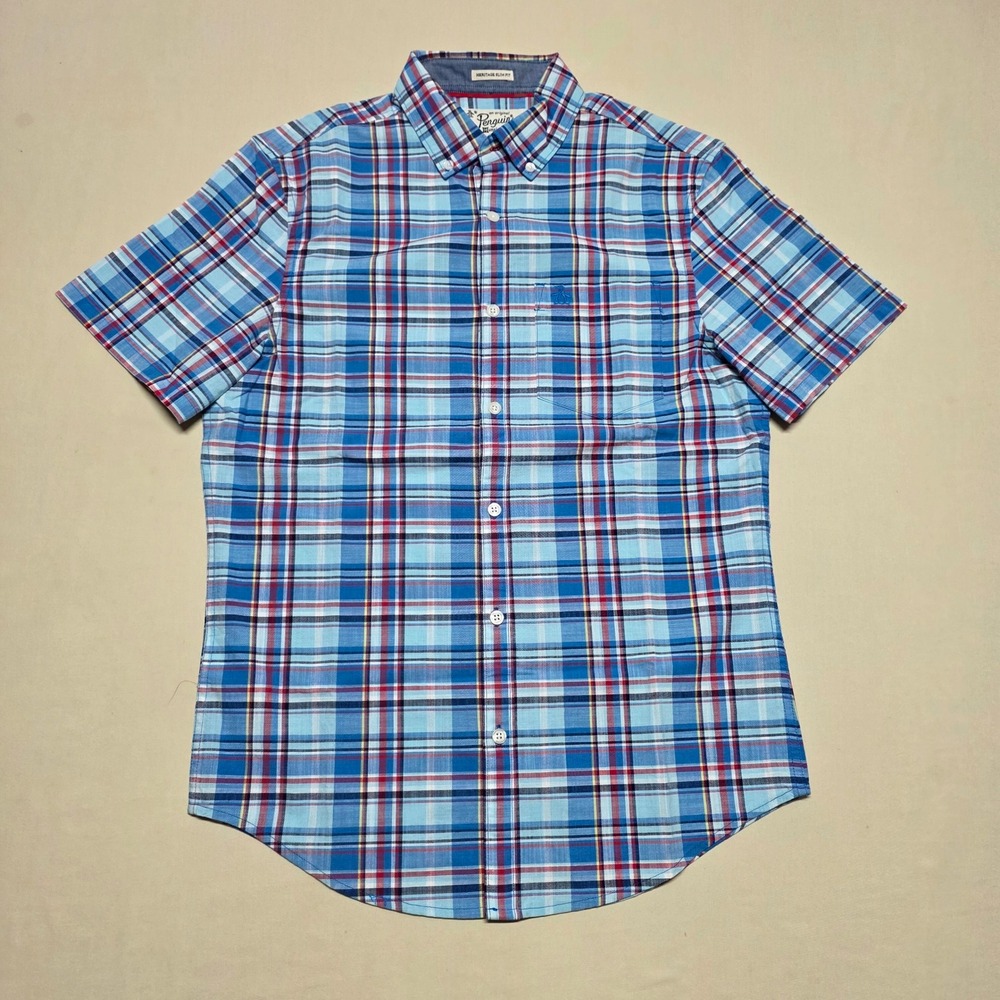 Original Penguin Mens Heritage Slim Fit Plaid Short Sleeve Button Up Shirt Small